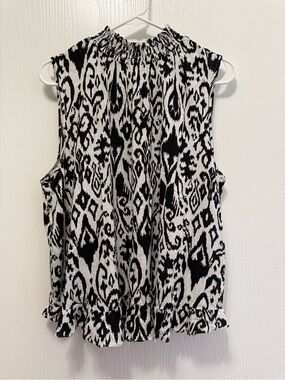 Cato Black White Ikat Smocked High Neck Sleeveless Blouse Top Ruffle Hem XL